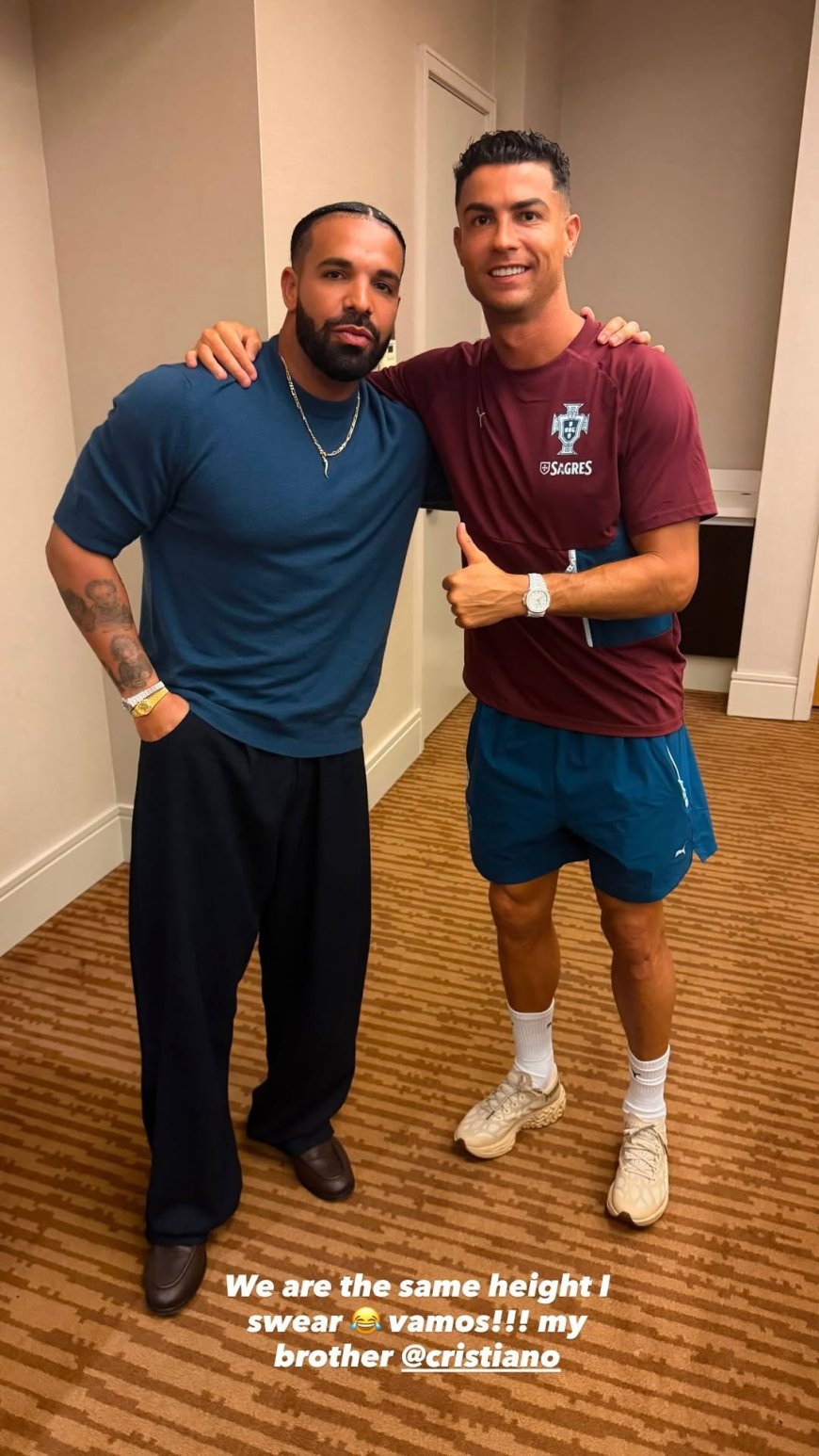 Cristiano Ronaldo agradece receção de Drake no Canadá e rapper responde com humor "Somos da mesma altura, juro."